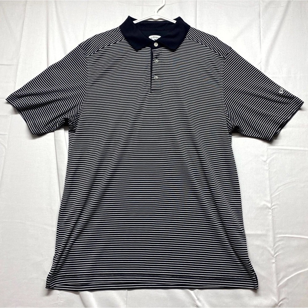 Callaway Polo Shirt Men XL Black White Striped Golf Tennis Performance Side Slit